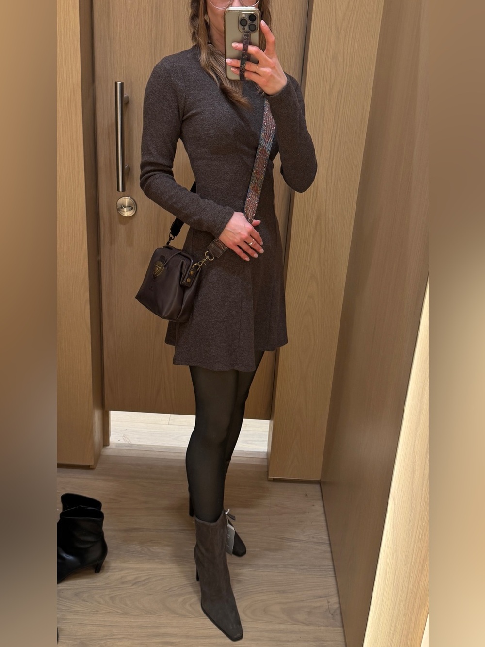 H&M Dark Brown Long-Sleeve Fit-and-Flare Knit Dress